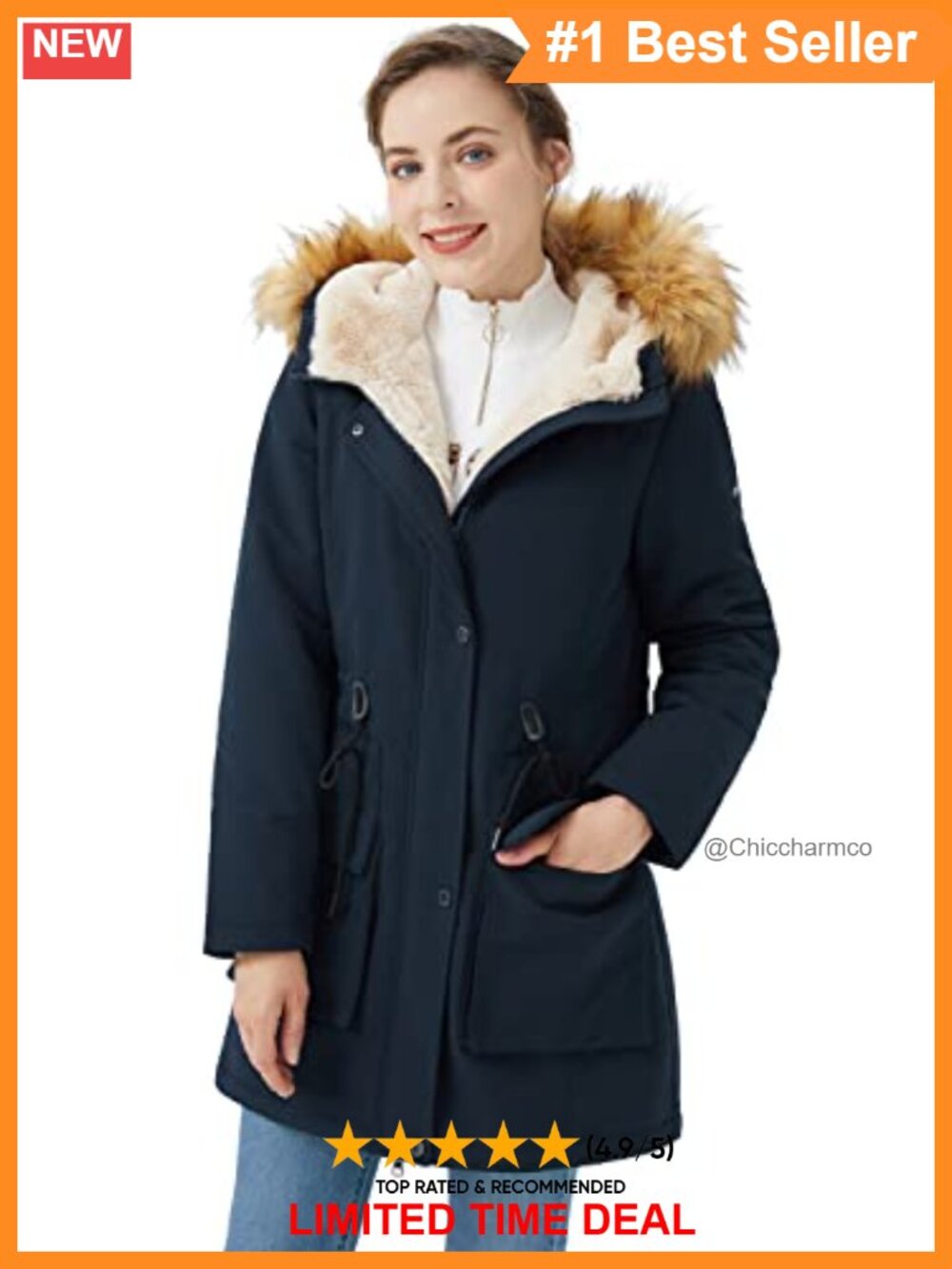 Fleece Lined Parka Winter Coat Hooded Jacket Removable Faux Fur Collar